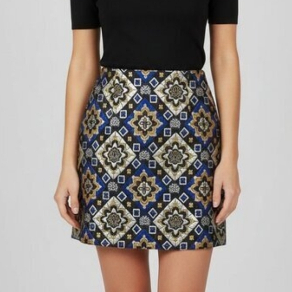 NWT Ann Taylor Loft Mosaic Tapestry Mini Skirt Metallic Brocade Gold Blue 6